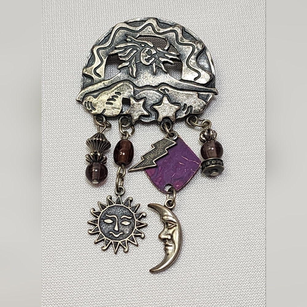 Vintage NewPro Pewter Sun, Moon and Stars Brooch